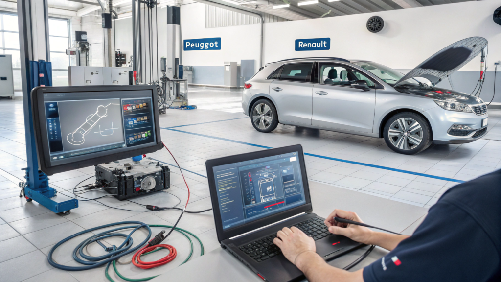 Mécanicien utilisant un logiciel de diagnostic auto sur un ordinateur portable connecté à une voiture dans un garage professionnel, avec outils OBD2 et interface numérique.